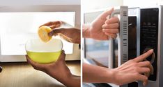 two pictures side by side one has a microwave and the other has a lemon wedge in it