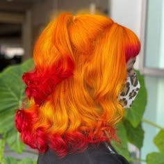 Fire Inspired Hair Color, Flame Hair Dye, Orange Hair With Red Tips, Yellow Orange Hair Color, Rengoku Inspired Hair, Rengoku Hairstyle, Fire Hair Dye, Orange Hair Dye Ideas