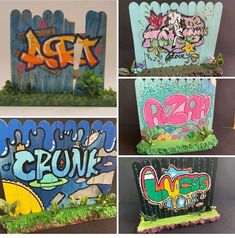 four different pictures of graffiti painted on wooden boards and fence posts in various stages of construction