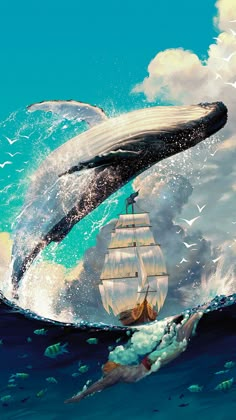 a whale jumping out of the water with a ship in it's back end