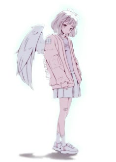 an anime character with wings standing in front of a white background and looking at the camera