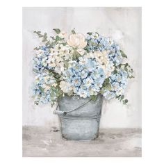 a painting of blue and white flowers in a bucket