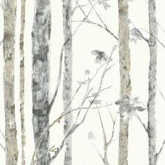 a painting of trees with no leaves on them in grey and white colors, against a light background