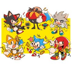 sonic the hedgehog and other cartoon characters are depicted in an image with yellow background