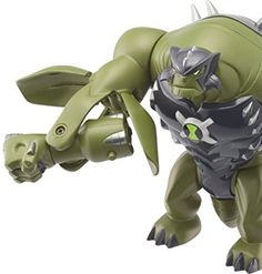 an action figure with spikes and claws on it's head, holding a large metal object in its right hand