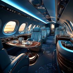 the inside of an airplane with blue leather seats and tables in front of windows that look out onto the ocean