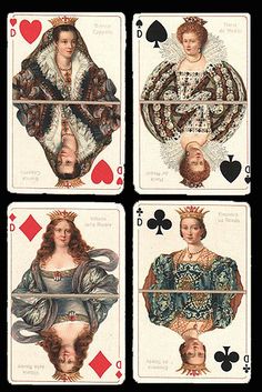 four playing cards with different women and men in the middle one is wearing a tiara