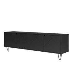 the sideboard is black and has three doors on it, with two legs that are attached