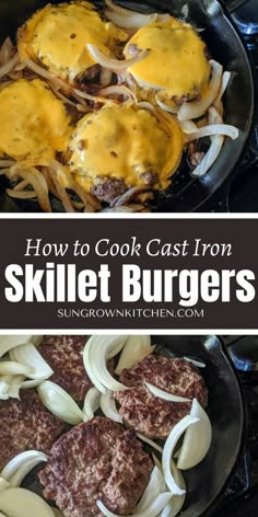 Cook burgers in your cast iron skillet with caramelized onions and melty cheese Hamburger On Cast Iron Skillet, Dinner Recipes Cast Iron Skillet, Hamburgers On Cast Iron Skillet, Cheeseburgers In Cast Iron Skillet, Hamburger Recipes Skillet, Smash Burger In Cast Iron, Burgers In Cast Iron Skillet In Oven, Cast Iron Skillet Hamburger Recipes, Cast Iron Burger