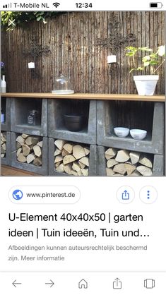 an image of a wooden shelf with firewood stacked on it and the words u - element 4x4x100 garden iden