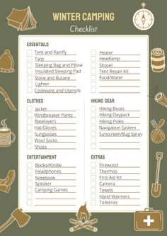 the winter camping checklist is shown in brown and white with various items on it