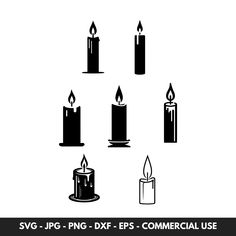 six candles with different shapes and sizes, all in black on a white background text reads svg png - dxf - eps - commercial use