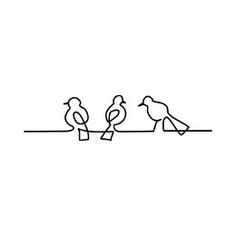 three birds sitting on a wire with one bird perched on it's head and the other two are looking at each other