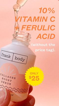 Try my vitamin C serum for only $25. Boost your radiance, brightness, and firmness. Featured: frank body collagen boost serum. Vitamin C Serum, Vitamin C, Hand Soap Bottle, Vitamins