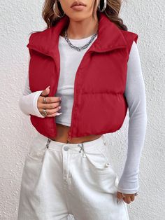 Women's Sleeveless Padded Coat With Zipper Closure Red Casual  Sleeveless Fabric Plain vest,Puffer Non-Stretch  Women Clothing, size features are:Bust: ,Length: ,Sleeve Length: Sleeveless Jacket Outfit, Red Jackets, Vest Puffer, Tank Dresses Outfit, Outerwear Women Winter, Plain Vest, Red Puffer, Red Vest, Cropped Vest