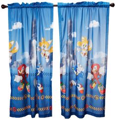 sonic the hedgehog curtains are hanging in front of a white background with blue clouds