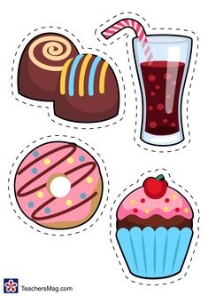 four stickers with different types of donuts and drinks