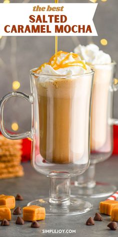 the best salted caramel mocha in a glass mug with marshmallows