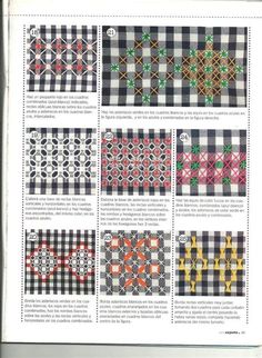 an open book with many different designs on the pages, including cross - stitchs