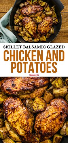 skillet balsamic glazed chicken and potatoes in a pan with text overlay