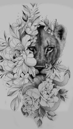 a pencil drawing of a lion surrounded by flowers and leaves on a white background,