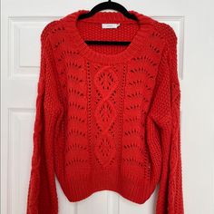 New Without Tags, Lush Red/Orange Knit Sweater In Size Large From Lulu’s. Red Soft Knit Sweater, Red Open Knit Top For Fall, Red Long Sleeve Open Knit Tops, Orange Knit Sweater, Orange Knit, Knit Sweater, Lush, Knitted Sweaters, Scoop Neck