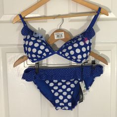 Uspa Blue And White Polka Dot Ruffle Removable Padding Adjustable Straps Polka Dot Sleeveless Summer Swimwear, Sleeveless Polka Dot Summer Swimwear, Fitted Polka Dot Swimwear, Polka Dot Bathing Suit, 2000s Clothes, Kawaii Accessories, Easy Trendy Outfits, White Polka Dot, Dream Wardrobe