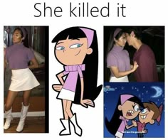 the cartoon character she killed it is shown in three different pictures, including an image of a man and woman