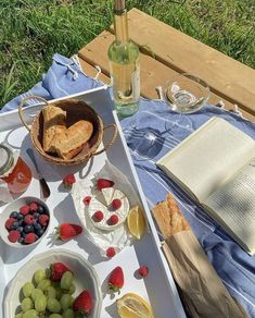 an open book is sitting on a picnic blanket with fruit, bread and other snacks