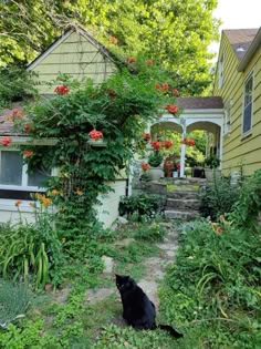 a black cat sitting in front of a yellow house with red flowers on it's roof