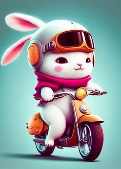 a cartoon bunny on a moped with goggles and a scarf around its neck