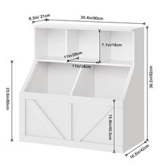 an image of a white storage cabinet with doors and shelves on the bottom, measurements