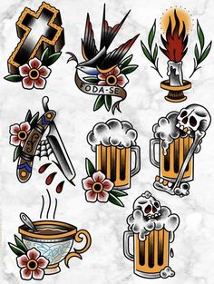 a bunch of tattoos on a piece of paper with flowers and skulls in the background