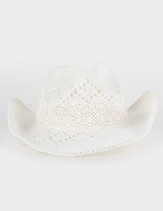 Straw Cowboy Hat. Pinch Crease Front Cowboy Hat. Wide Brim. Sweatband To Help Wick Away Moisture. 100% Paper. Gentle Wash. Hang Dry. Imported. White Straw Cowboy Hat, White Country Style Fedora For Outdoor, White Country Style Panama Hat For Outdoor, White Western Hat For Spring, Country Style White Panama Hat For Outdoor, White Country Style Hat For Outdoor, White Summer Cap Style Straw Hat, White Summer Cap Straw Hat, White Sun Hat For Rodeo With Short Brim