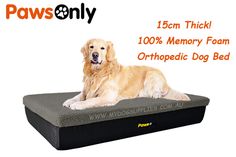 a dog laying on top of a memory foam orthopedic bed with the words paws only