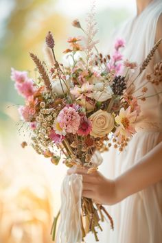 a woman holding a bouquet of flowers in her hands