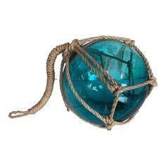 a blue glass ball with rope wrapped around it