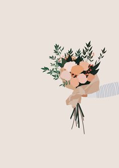 a bouquet of flowers is being held up by someone's hand on a beige background