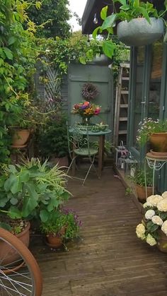 an outdoor garden with potted plants and flowers on the ground, next to a wooden deck