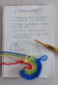 a crochet bookmark with scissors next to it on top of a piece of paper