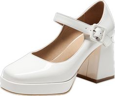 White Heels Chunky, Heel Mary Janes, Platform Chunky Heels, White Platform Heels, Black Chunky Heels, Black Platform Heels, Mary Jane Pumps, Platform Heels Chunky, White Heels