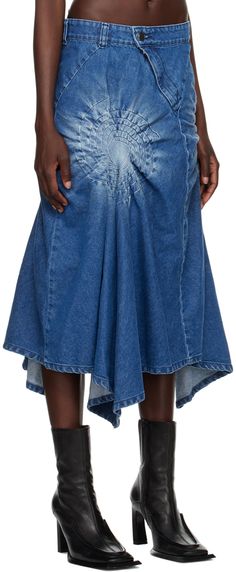 Non-stretch denim skirt. · Low-rise · Belt loops · Offset zip-fly · Fading and graphic ruching at front and back · Pleats at flared hem Supplier color: Indigo blue Skirts Runway, Masha Popova, Upcycle Clothes Diy, Denim Skirts, Mid Length Skirts, Indigo Blue, Upcycle Clothes, Denim Fashion, Diy Clothes