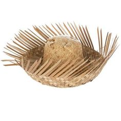 a straw hat with wooden sticks sticking out of the front and sides, on a white background