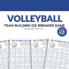 the volleyball team building ice breaker game is shown in three different colors and font options