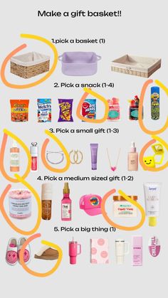 a poster with the words make a gift basket in yellow and orange letters on it