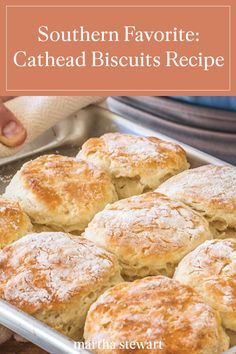 some biscuits are sitting in a pan on a table with the words southern favorite cathed biscuits recipe