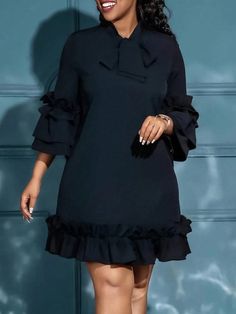 Plus Size Solid Color Tie Neckline Waist Ruffle Hem DressI discovered amazing products on SHEIN.com, come check them out! Pleated Dress For Plus Size, Female Styles Fashion, Material Styles For Ladies, Loose Dresses For Women, Gowns For Ladies, Loose Short Dress, Dress For Ladies, Mandarin Collar Dress