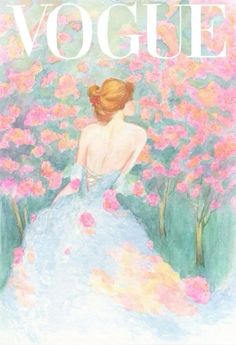 a painting of a woman in a blue dress with pink flowers on the cover of a magazine