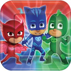 the pj masks party plates are designed to look like they're wearing different costumes