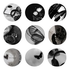 several black and white images with headphones on top of each one, including flowers